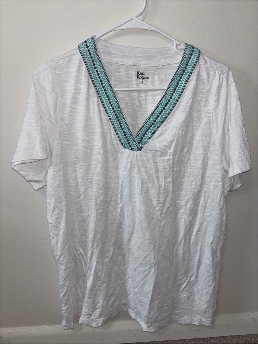 Kim Rogers White V-Neck Tee with Aqua and Gray Trim